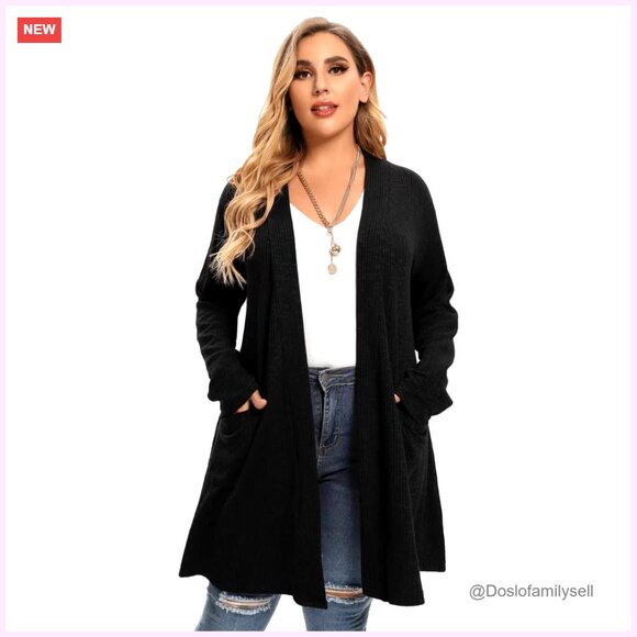 Plus Size Open Front Knit Cardigan with Pockets Lightweight Winter Sweater